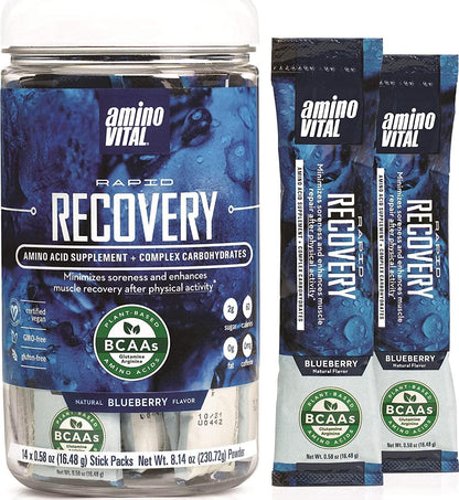 Amino VITAL Action and Rapid Recovery- BCAA Amino Acids Pre and Post Workout Packets | No Caffeine, Vegan, Gluten Free | 14 Single Serve Stick Pack | Grape and Blueberry Flavor