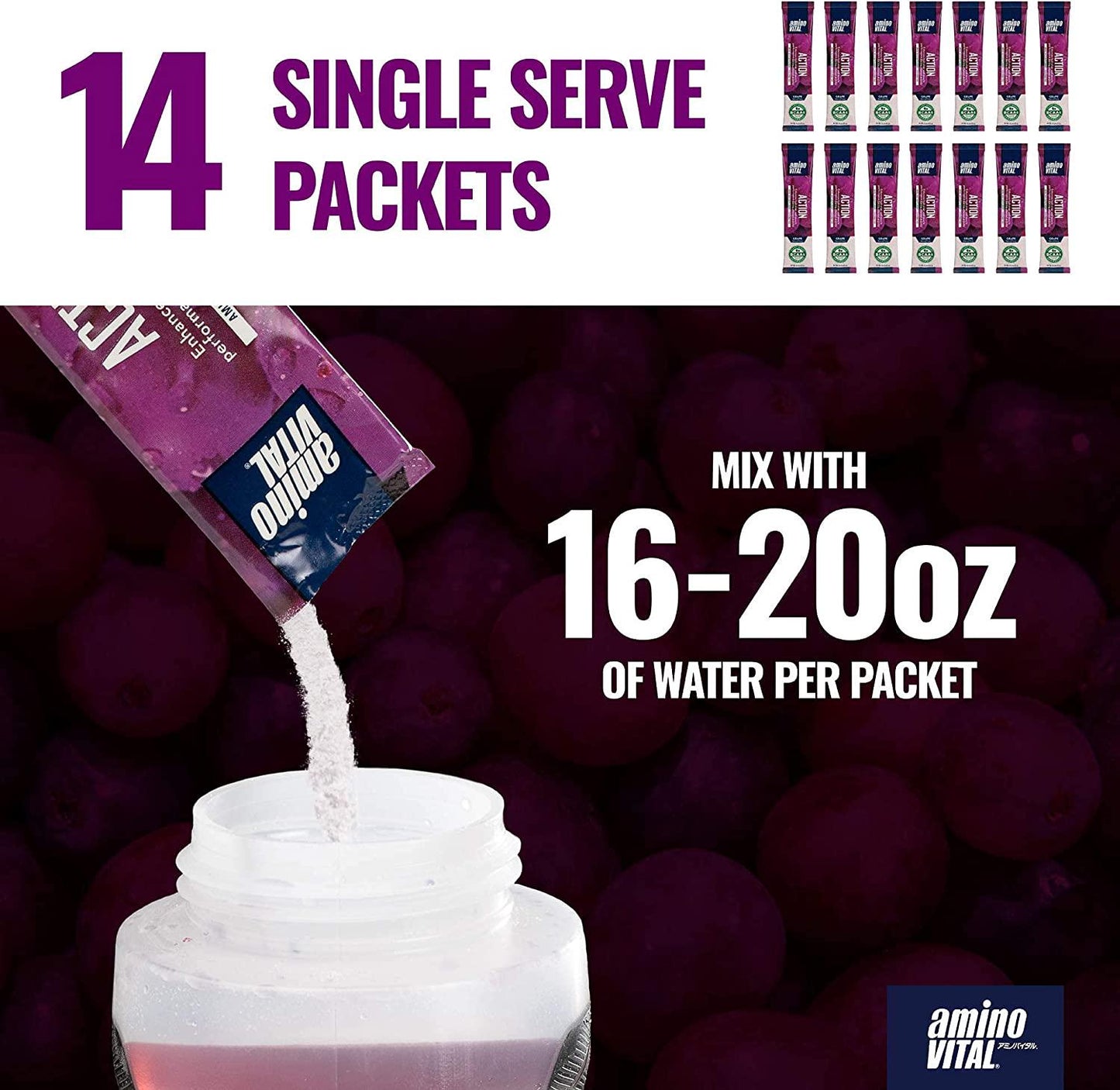 Amino VITAL Action and Rapid Recovery- BCAA Amino Acids Pre and Post Workout Packets | No Caffeine, Vegan, Gluten Free | 14 Single Serve Stick Pack | Grape and Blueberry Flavor