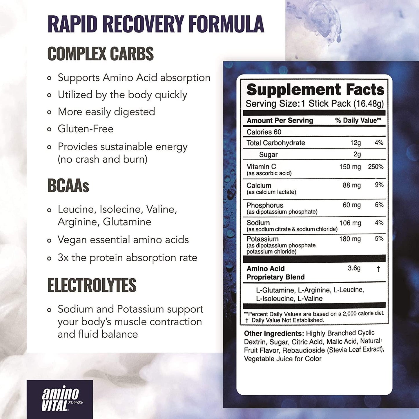 Amino VITAL Rapid Recovery - Fermented Vegan BCAAs Amino Acid Powder + Complex Carbohydrates | BCAA, Glutamine and Arginine in Single Serve Packets | Reduce Muscle Soreness | 14 Servings, Blueberry