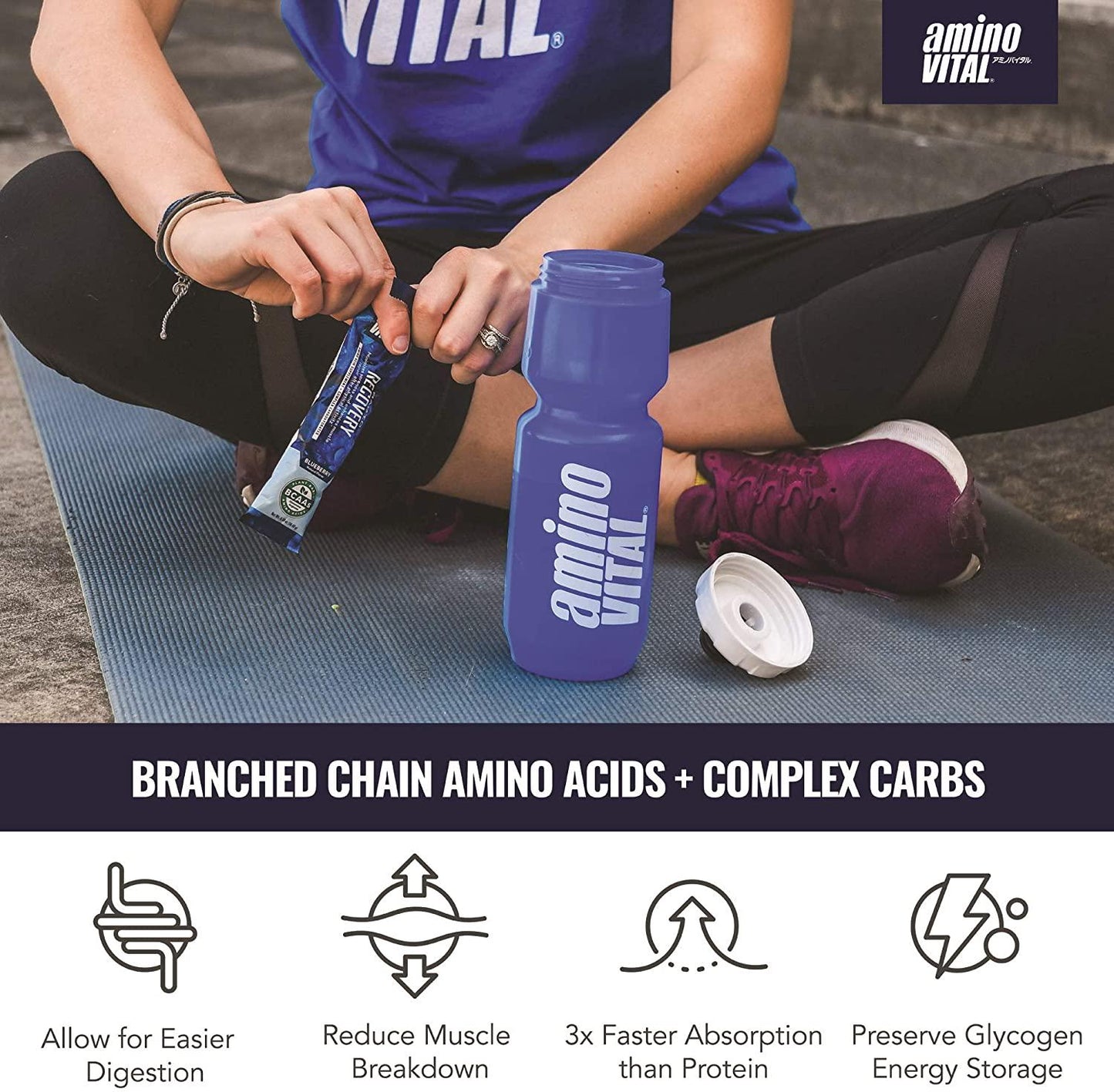 Amino VITAL Rapid Recovery - Fermented Vegan BCAAs Amino Acid Powder + Complex Carbohydrates | BCAA, Glutamine and Arginine in Single Serve Packets | Reduce Muscle Soreness | 14 Servings, Blueberry