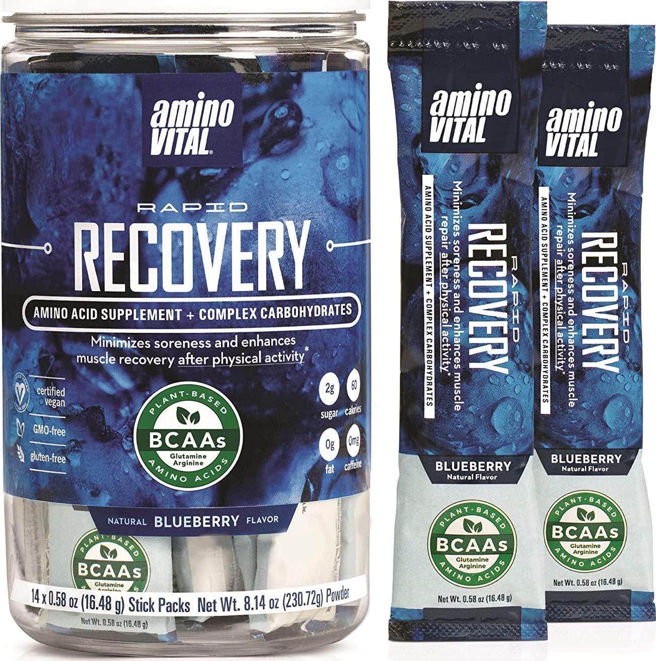 Amino VITAL Rapid Recovery- BCAAs Amino Acid Post Workout Powder Packets | Muscle Recovery Drink with Glutamine | Vegan, Gluten Free Supplement | 14 Single Serve BCAA Travel Packets | Blueberry Flavor