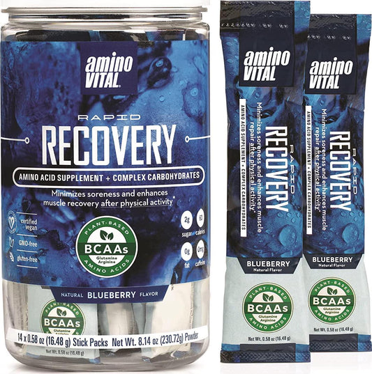 Amino VITAL Rapid Recovery- BCAAs Amino Acid Post Workout Powder Packets | Muscle Recovery Drink with Glutamine | Vegan, Gluten Free Supplement | 14 Single Serve BCAA Travel Packets | Blueberry Flavor