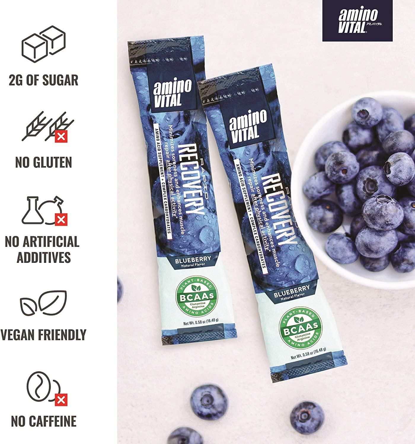 Amino VITAL Rapid Recovery- BCAAs Amino Acid Post Workout Powder Packets | Muscle Recovery Drink with Glutamine | Vegan, Gluten Free Supplement | 14 Single Serve BCAA Travel Packets | Blueberry Flavor