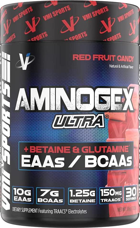 Aminogex Ultra | BCAA Powder | Amino Acids + Betaine and Glutamine | Amino Acid Post Workout Recovery Drink | Intra Workout Drink with Electrolytes | (30 Servings) (Red Fruit Candy, 18.2 Ounces)