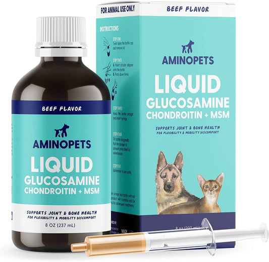 Aminopets Liquid Glucosamine, Chondroitin and MSM. Supports Hips, Joints and Mobility.