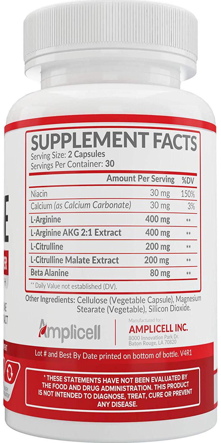Amplicell Extra Strength L-Arginine | Nitric Oxide Supplement | Supports Blood Circulation and Heart Health | with L Citrulline and Beta Alanine | 1200mg 60 Vegetarian Capsules