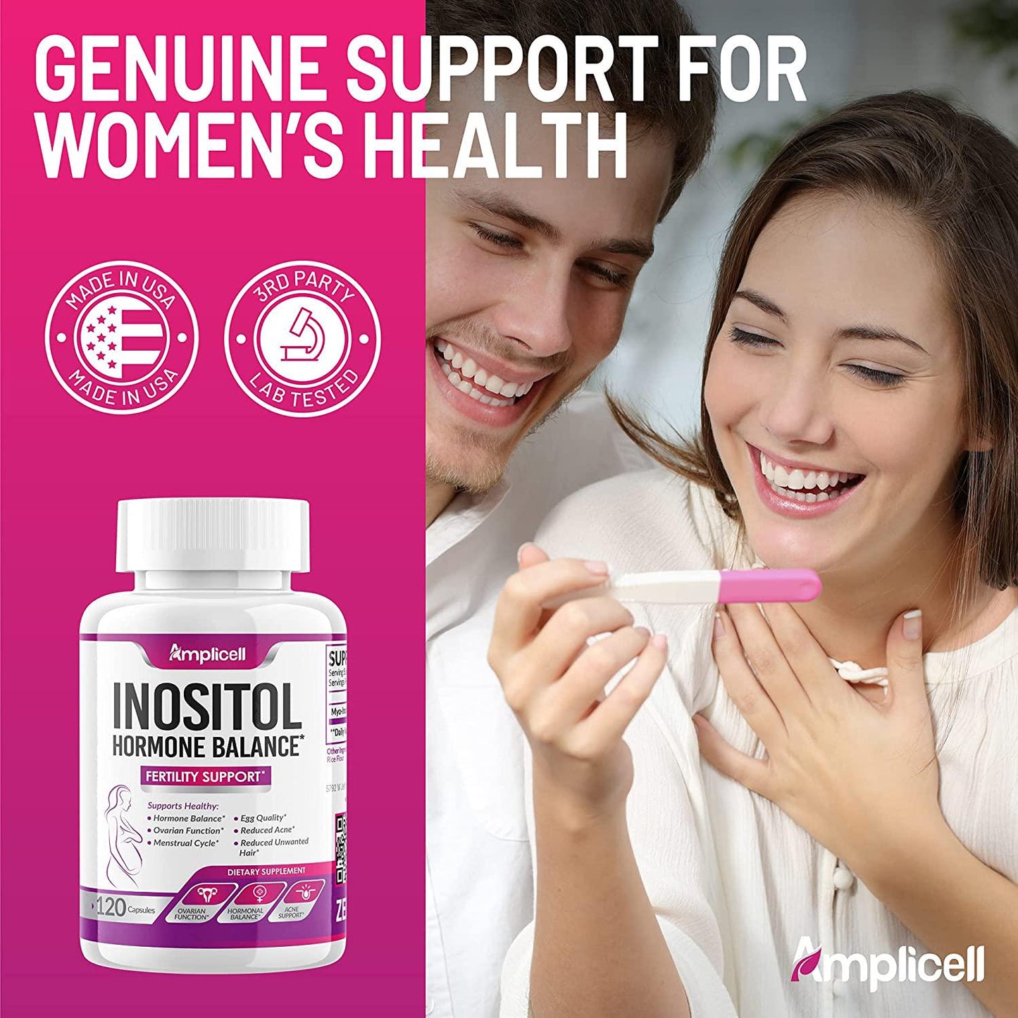 Amplicell Hormone Balance for Women, Fertility Support Inositol Capsules, Potent Formula of 2000mg Myo-Inositol, 120 Capsules
