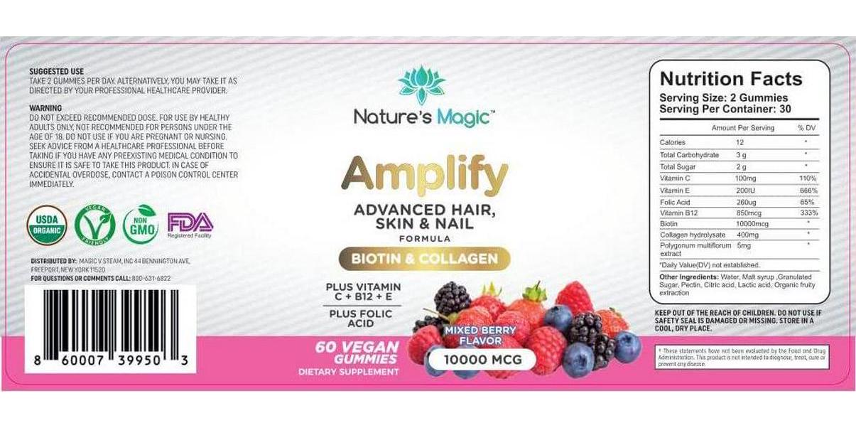 Amplify Advanced Hair, Skin and Nail Formula with 10,000 MCG Vegan Gummies Highest Potency Biotin and Collagen Plus Vitamin C, E, B-12 and Folic Acid