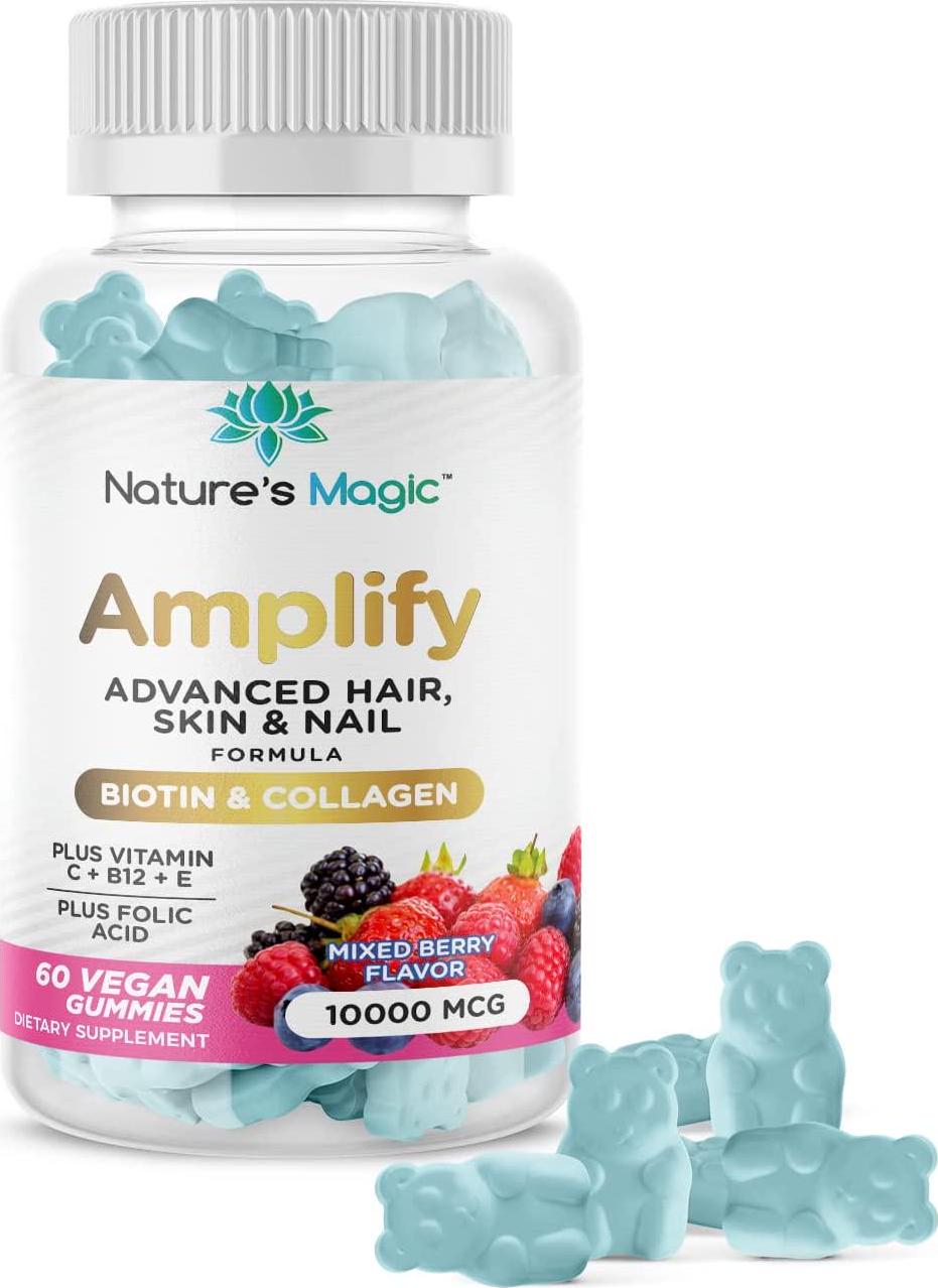 Amplify Advanced Hair, Skin and Nail Formula with 10,000 MCG Vegan Gummies Highest Potency Biotin and Collagen Plus Vitamin C, E, B-12 and Folic Acid
