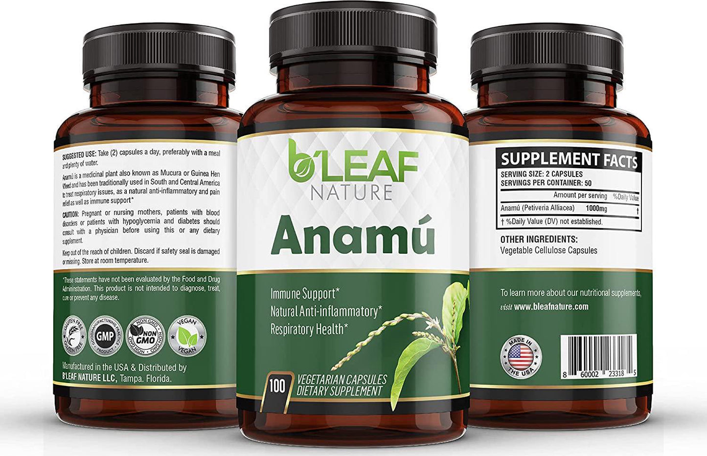 Anamu Capsules – Guinea Hen Weed - Immune Support – Joint Support – Respiratory Support - 1000mg per Serving (Petiveria Alliacea) - 100 Vegetarian Capsules by B’Leaf Nature