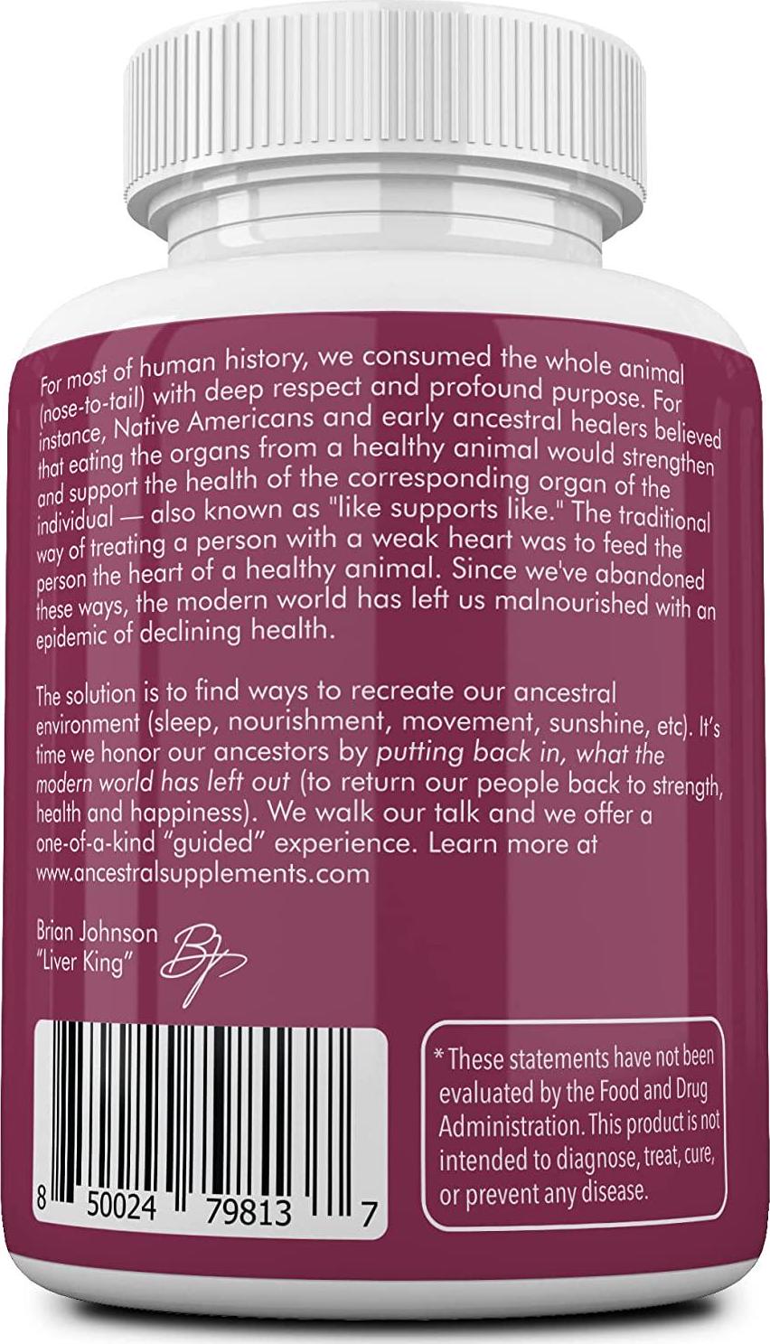 Ancestral Supplements Grass Fed Placenta (with Liver) After Birth, Nursing, Menopause and Dry Skin Support (180 Capsules)