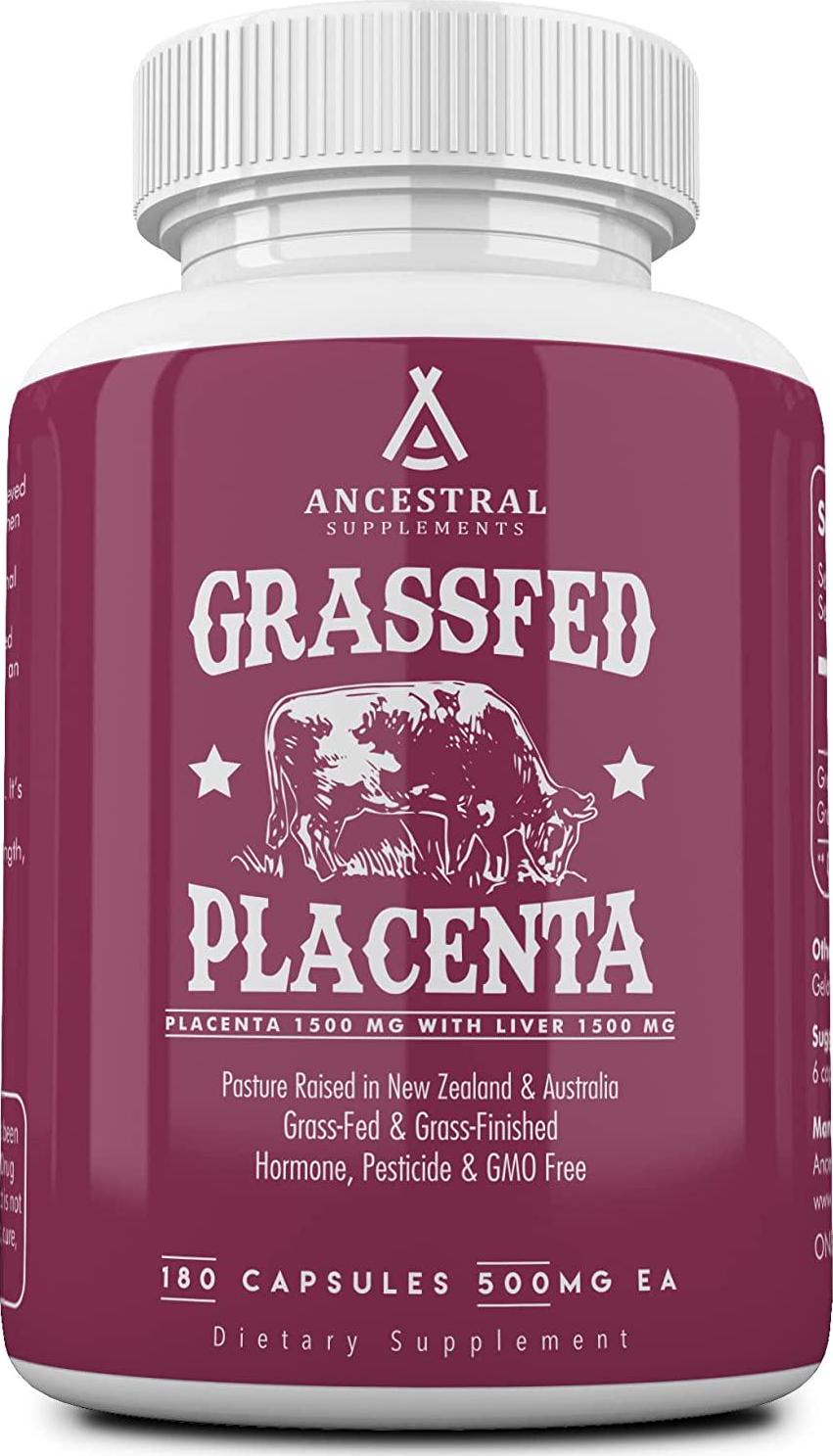 Ancestral Supplements Grass Fed Placenta (with Liver) After Birth, Nursing, Menopause and Dry Skin Support (180 Capsules)
