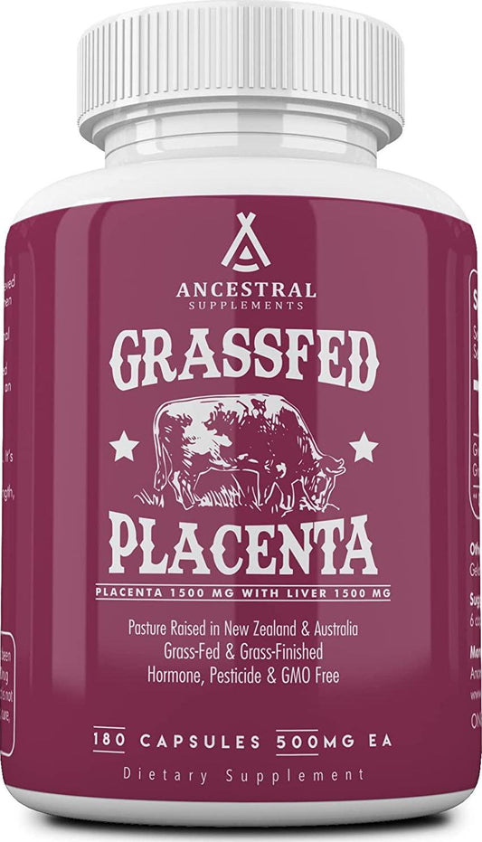 Ancestral Supplements Grass Fed Placenta (with Liver) After Birth, Nursing, Menopause and Dry Skin Support (180 Capsules)
