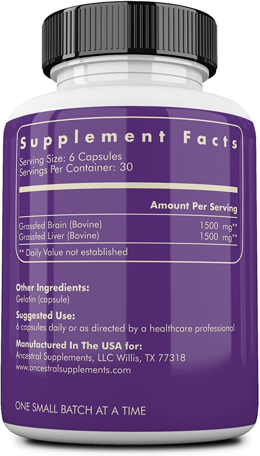 Ancestral Supplements Grass Fed Brain (with Liver) — Supports Brain, Mood, Memory Health (180 Capsules)