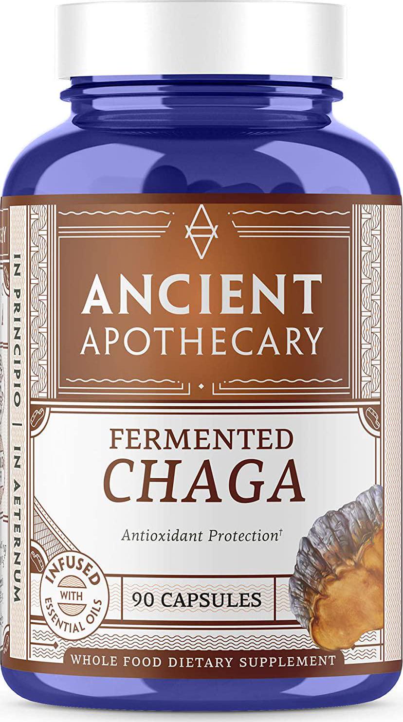 Ancient Apothecary Fermented Chaga Mushroom Supplement, 90 Capsules Infused with Organic Essential Oils, Ashwagandha Extract and Digestive Bitters