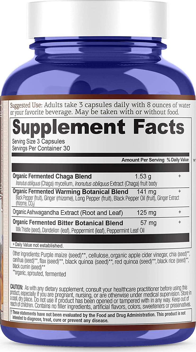 Ancient Apothecary Fermented Chaga Mushroom Supplement, 90 Capsules Infused with Organic Essential Oils, Ashwagandha Extract and Digestive Bitters