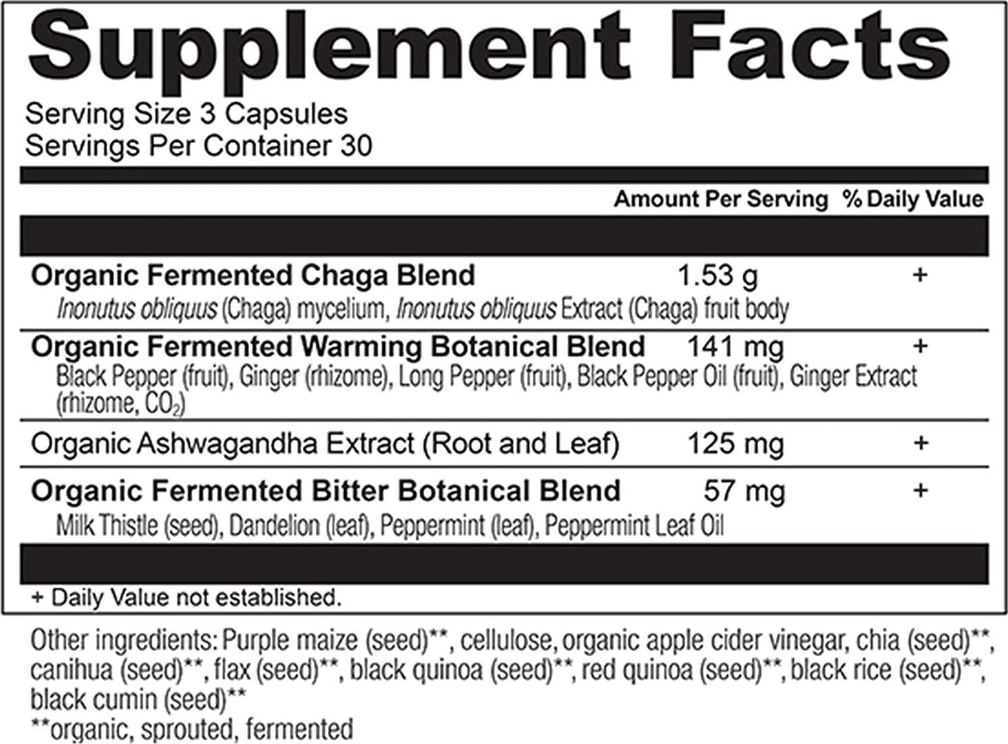 Ancient Apothecary Fermented Chaga Mushroom Supplement, 90 Capsules Infused with Organic Essential Oils, Ashwagandha Extract and Digestive Bitters