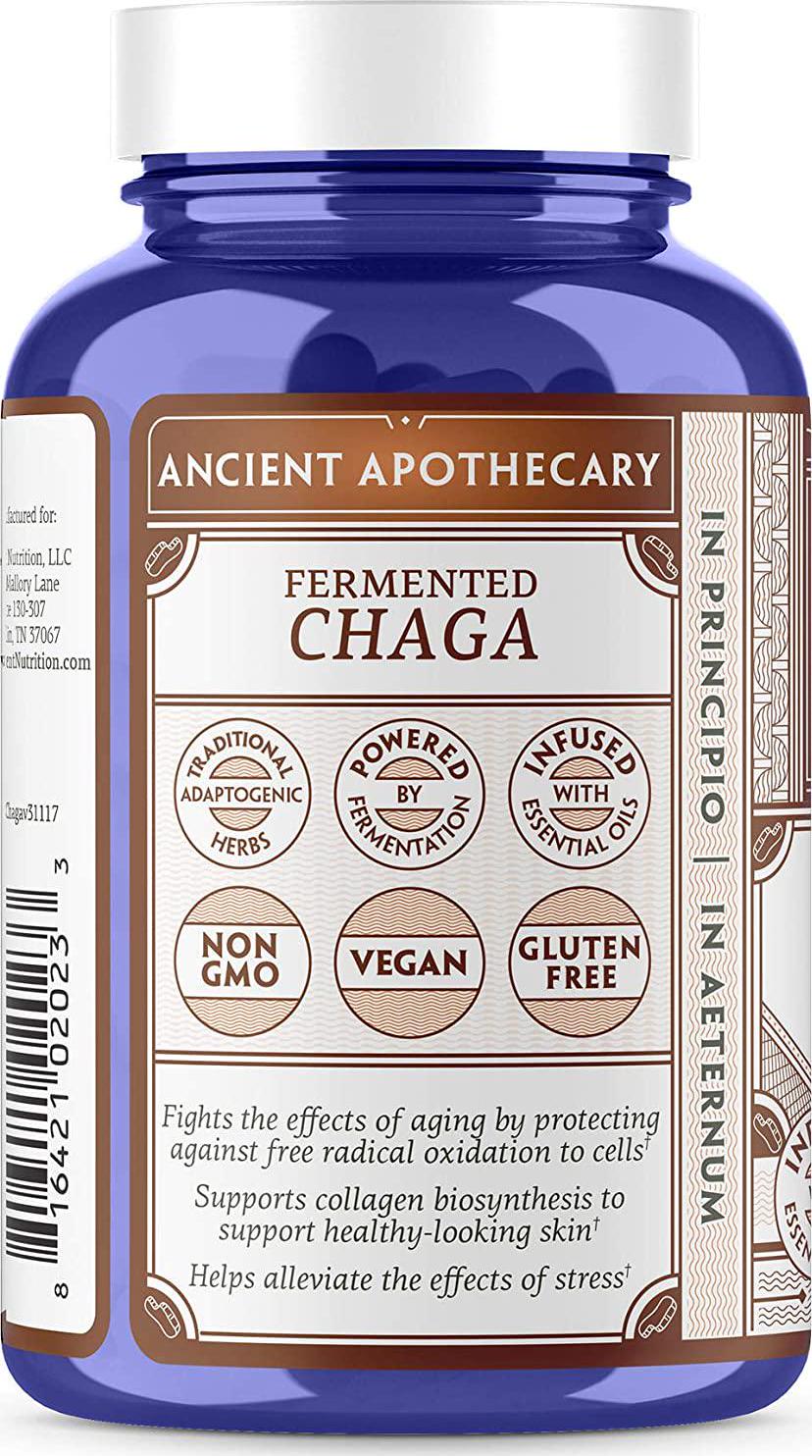 Ancient Apothecary Fermented Chaga Mushroom Supplement, 90 Capsules Infused with Organic Essential Oils, Ashwagandha Extract and Digestive Bitters