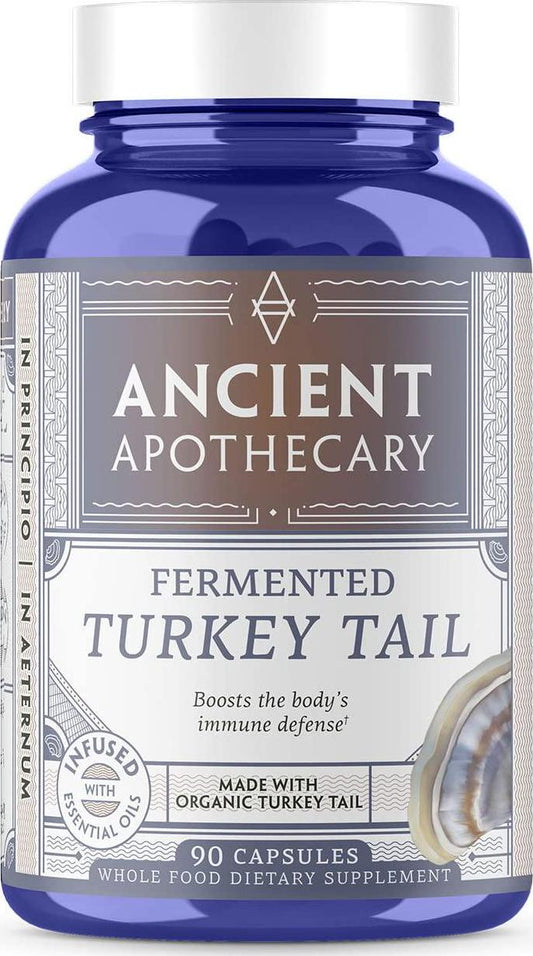Ancient Apothecary Fermented Turkey Tail Mushroom Supplement, 90 Capsules - Infused with Organic Essential Oils, Ashwagandha Extract and Digestive Bitters