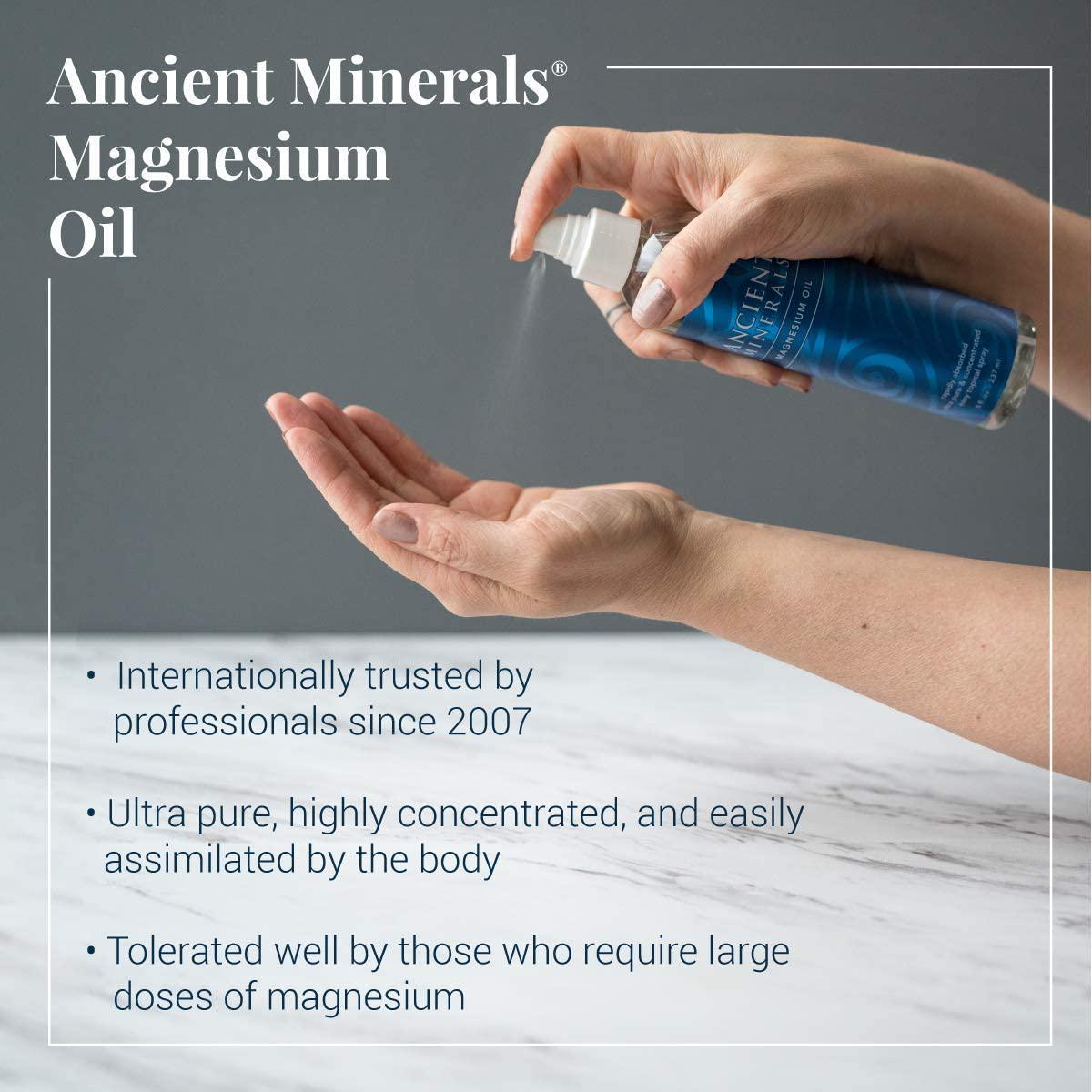 Ancient Minerals Magnesium Oil Spray Bottle of Pure Genuine Zechstein Magnesium Chloride - Topical Magnesium Supplement for Skin Application and Dermal Absorption (4oz)