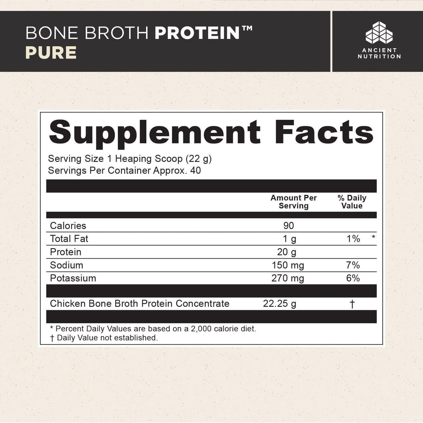 Ancient Nutrition Bone Broth Protein Powder, Pure Flavor, 40 Servings Size, 31.4 Ounce