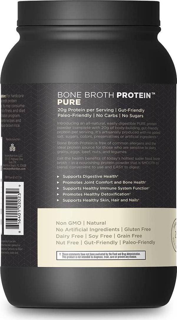 Ancient Nutrition Bone Broth Protein Powder, Pure Flavor, 40 Servings Size, 31.4 Ounce