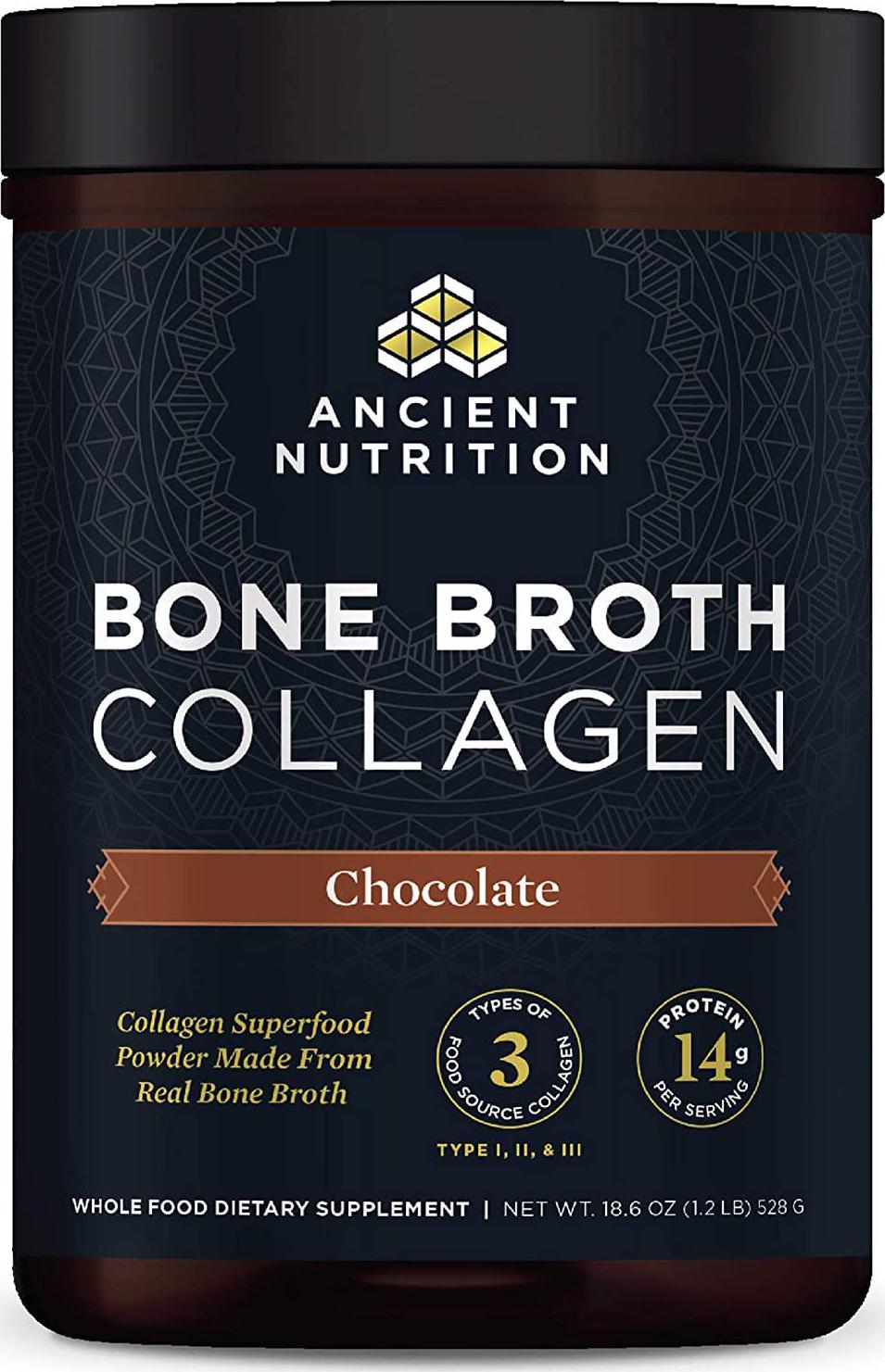 Ancient Nutrition Bone Broth Collagen Powder, 30 Servings of All-Natural Protein Powder Loaded with Bone Broth Co-Factors, 10g of Type I, II and III Collagen Per Serving (Chocolate), 18.6 Ounce