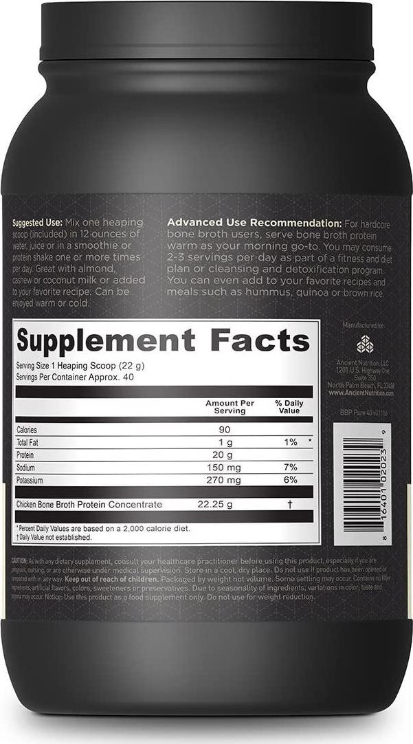Ancient Nutrition Bone Broth Protein Powder, Pure Flavor, 40 Servings Size, 31.4 Ounce