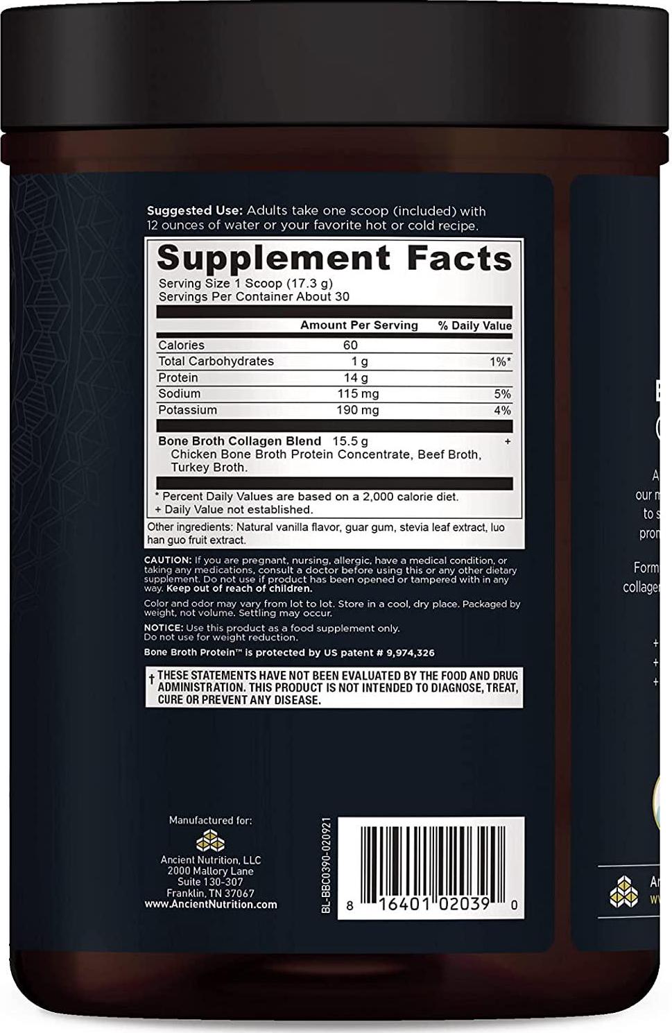 Ancient Nutrition Bone Broth Collagen Powder, 30 Servings of All-Natural Protein Powder Loaded with Bone Broth Co-Factors, 10g of Type I, II and III Collagen Per Serving (Vanilla)