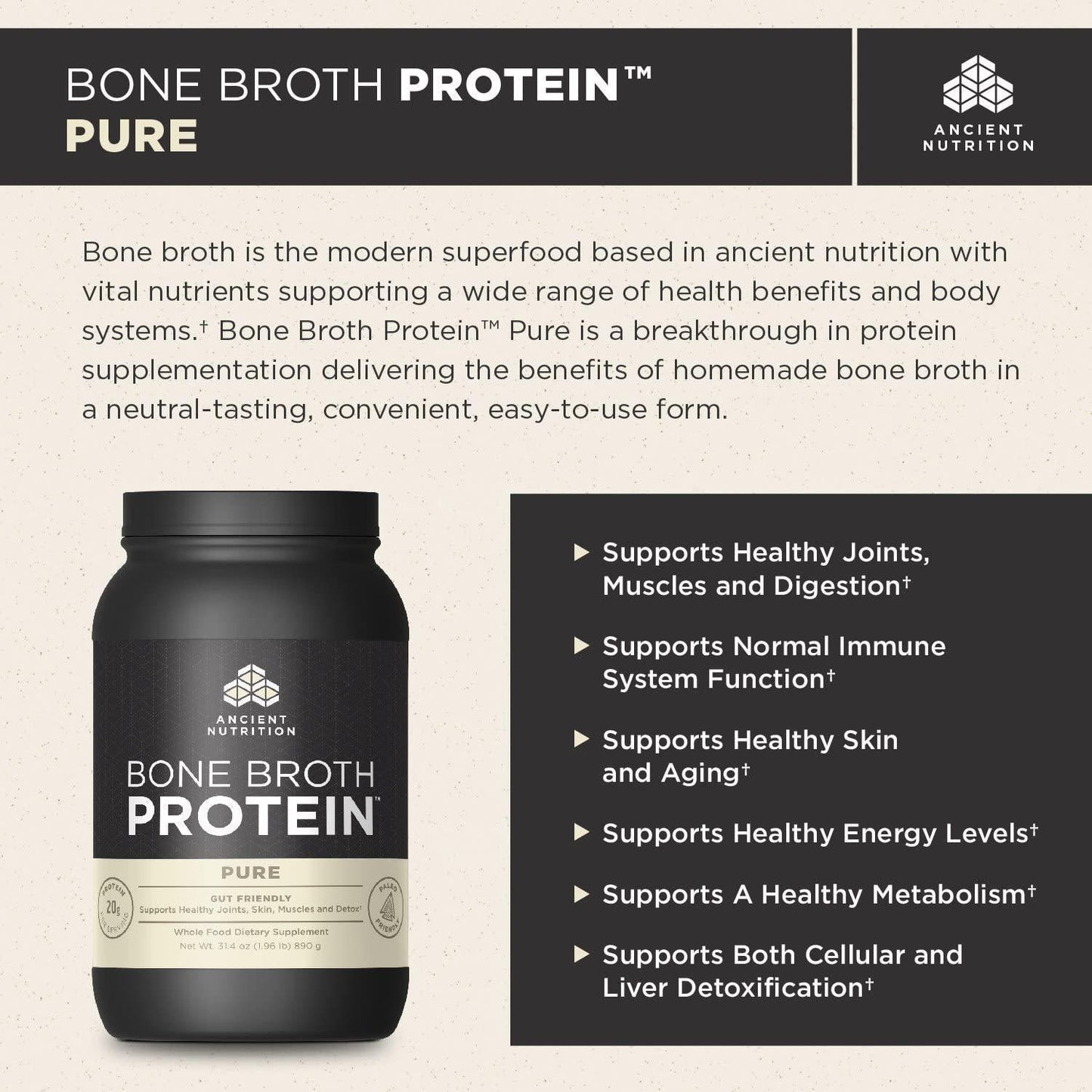 Ancient Nutrition Bone Broth Protein Powder, Pure Flavor, 40 Servings Size, 31.4 Ounce
