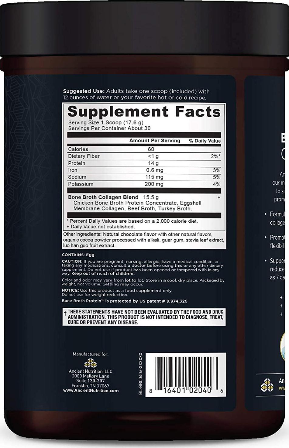Ancient Nutrition Bone Broth Collagen Powder, 30 Servings of All-Natural Protein Powder Loaded with Bone Broth Co-Factors, 10g of Type I, II and III Collagen Per Serving (Chocolate), 18.6 Ounce