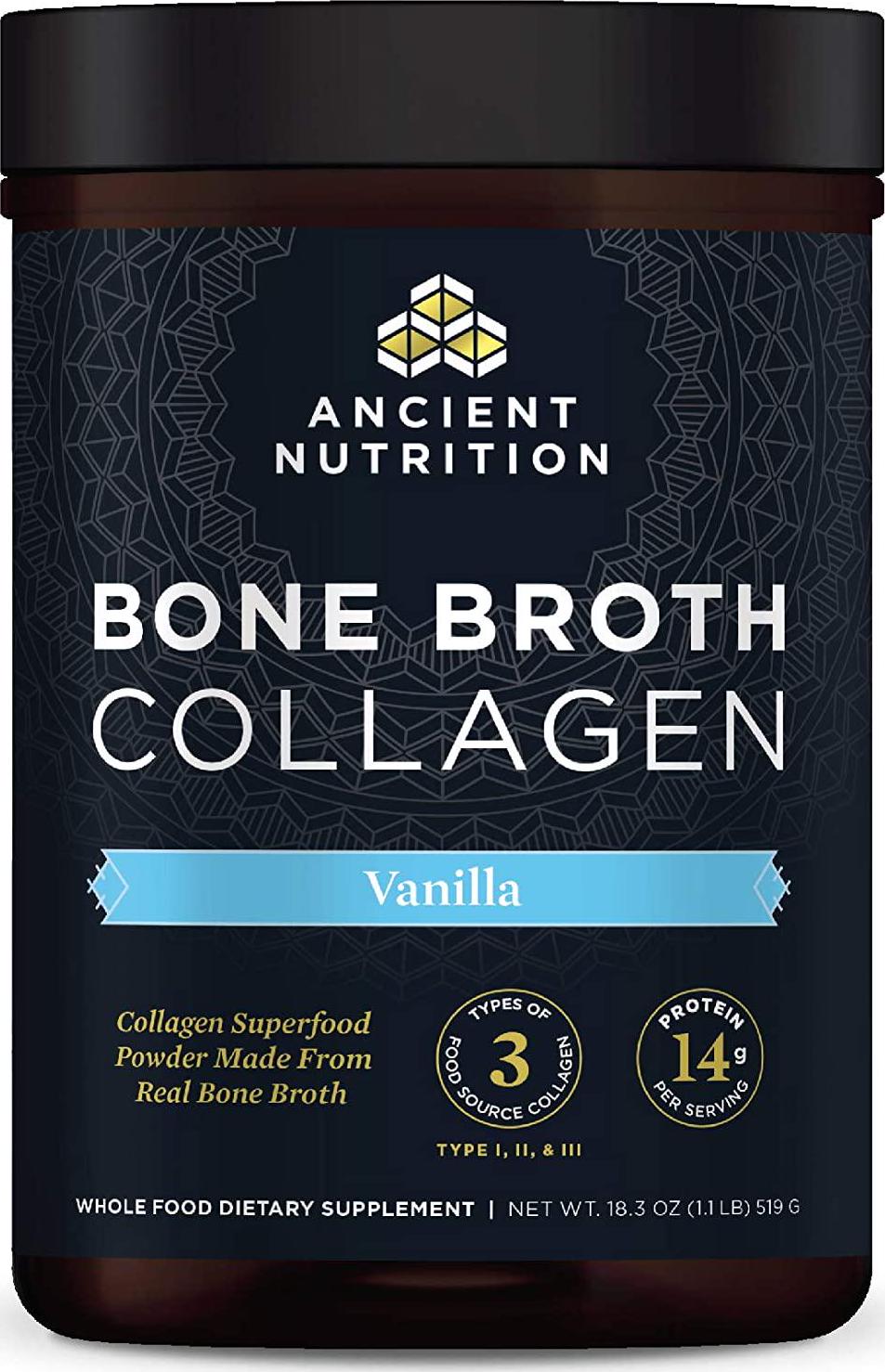 Ancient Nutrition Bone Broth Collagen Powder, 30 Servings of All-Natural Protein Powder Loaded with Bone Broth Co-Factors, 10g of Type I, II and III Collagen Per Serving (Vanilla)