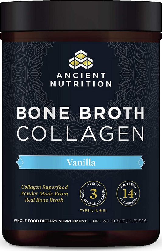 Ancient Nutrition Bone Broth Collagen Powder, 30 Servings of All-Natural Protein Powder Loaded with Bone Broth Co-Factors, 10g of Type I, II and III Collagen Per Serving (Vanilla)