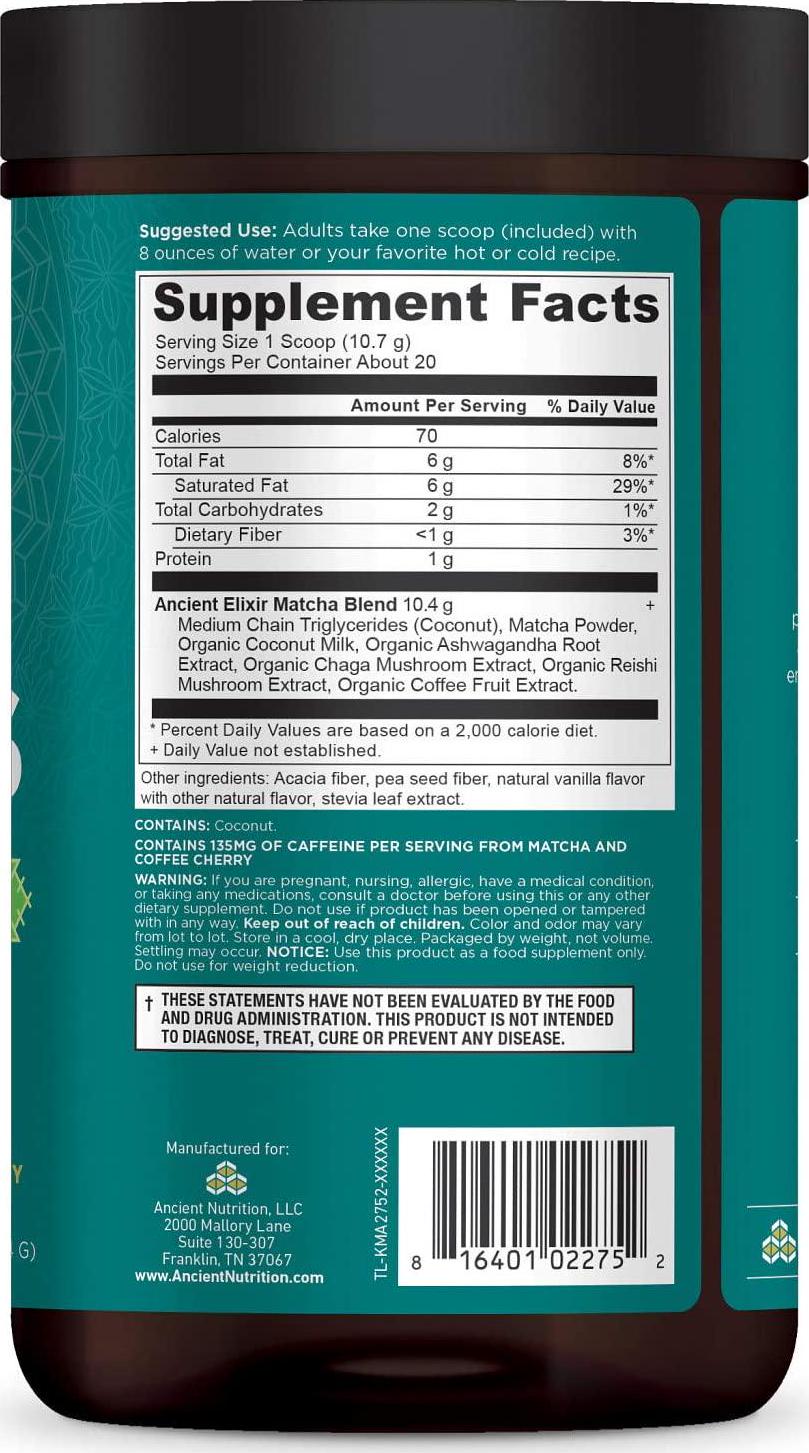 Ancient Nutrition KetoMATCHA Energy Elixir Powder, 20 Servings, Keto Diet Supplement, MCTs from Coconut, Green Tea Leaf, Energy Booster