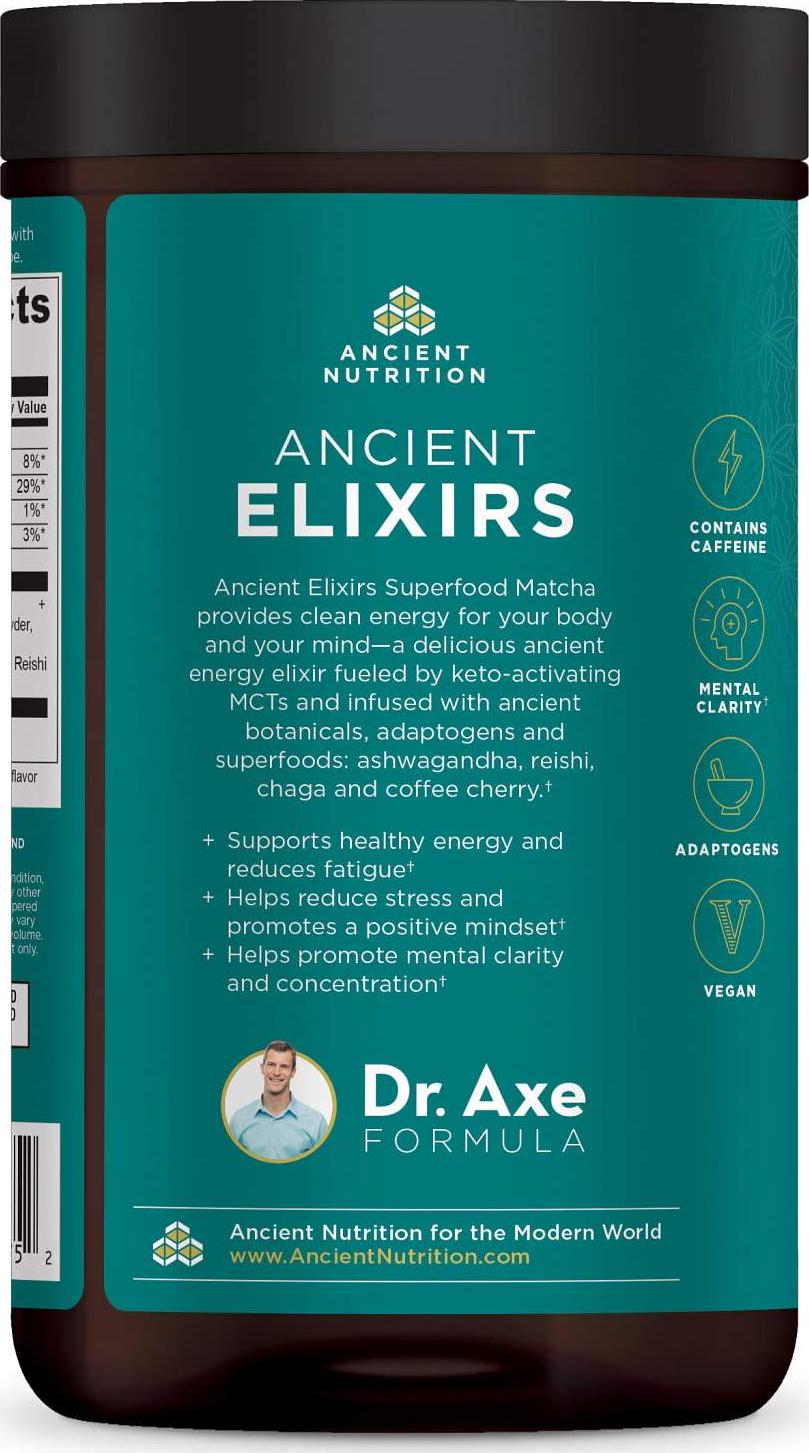 Ancient Nutrition KetoMATCHA Energy Elixir Powder, 20 Servings, Keto Diet Supplement, MCTs from Coconut, Green Tea Leaf, Energy Booster