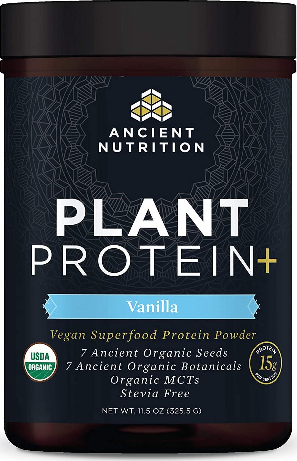 Ancient Nutrition Organic Plant Protein +, Vegan Plant Based Protein Powder, Vanilla, Formulated by Dr. Josh Axe, Dairy-Free, Gluten-Free, Non-GMO, No Sugar Added, Paleo Friendly Supplement 11.5 oz
