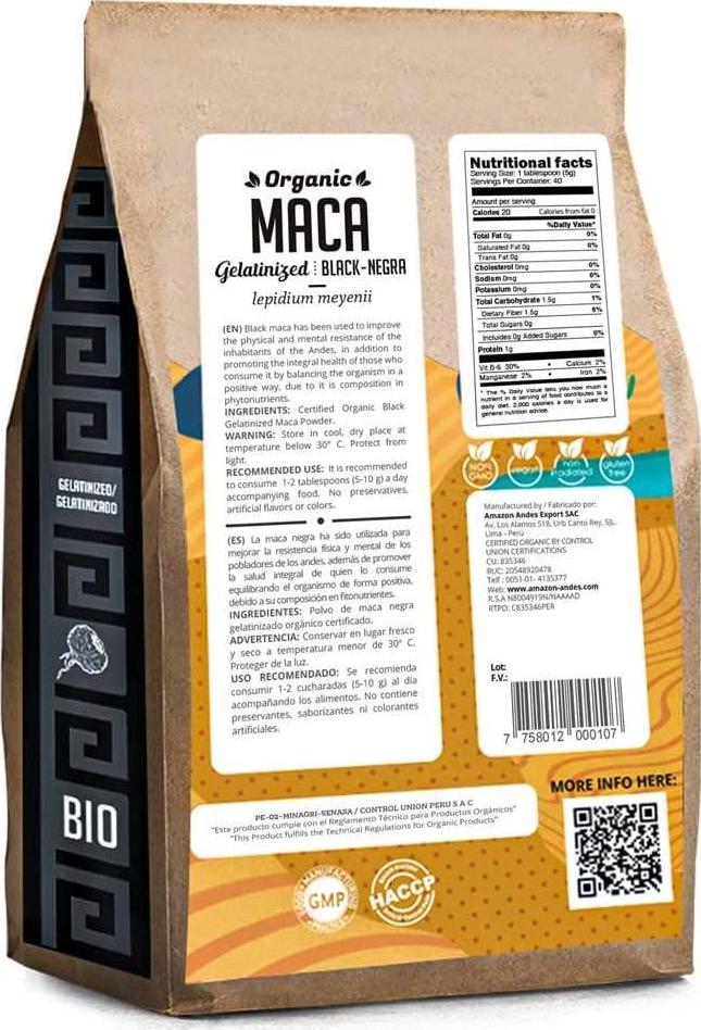Andes Black Maca Root Powder - 7 Ounce (40 Servings) - Organic USDA Certified - Gelatinized - Vegan - NO GMO