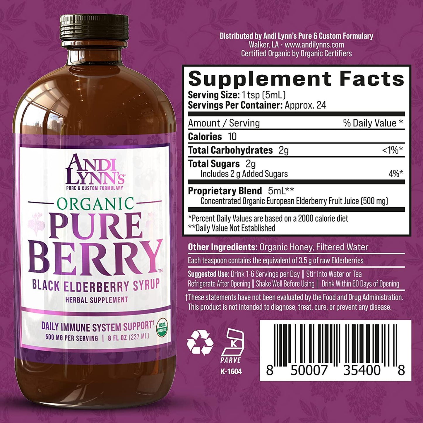 Andi Lynn's 500mg Pure Elderberry Syrup, 8 FZ