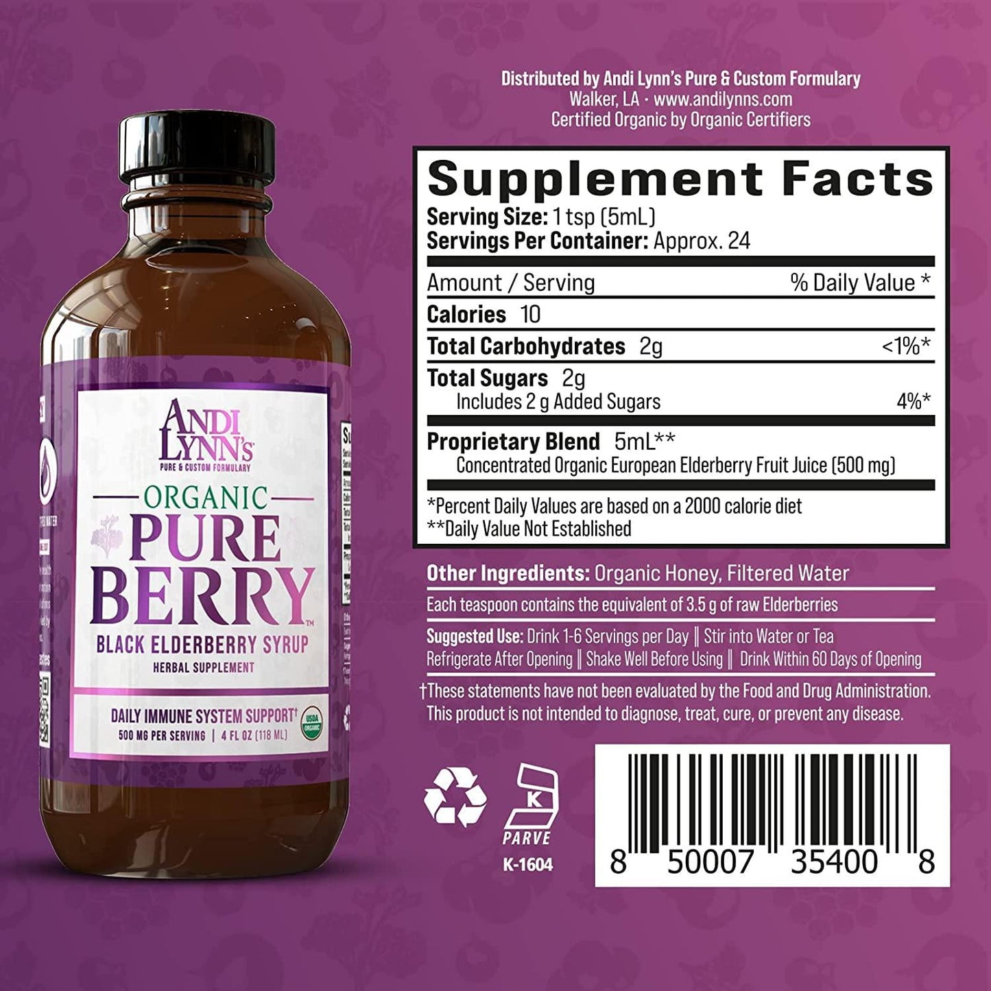 Andi Lynn’s Pure Black Elderberry Syrup with Honey - Original Sambucus for Immune Support – Fast Acting 500 mg per Serving, High Potency Therapeutic Immune Active Syrup, 4 Ounces