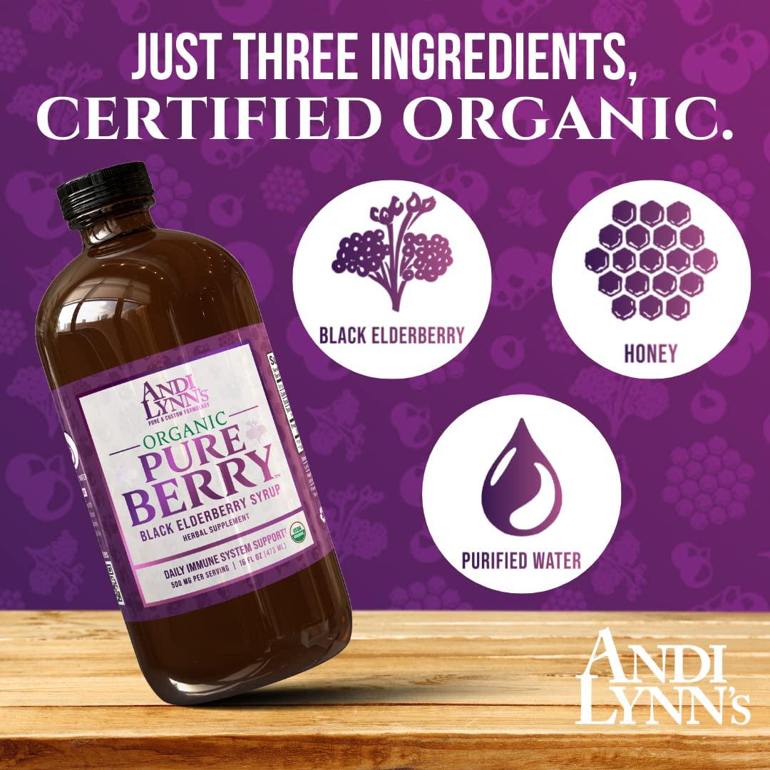 Andi Lynn’s Pure Black Elderberry Syrup with Honey - Original Sambucus for Immune Support – Fast Acting 500 mg per Serving, High Potency Therapeutic Immune Active Syrup - 16 Ounces