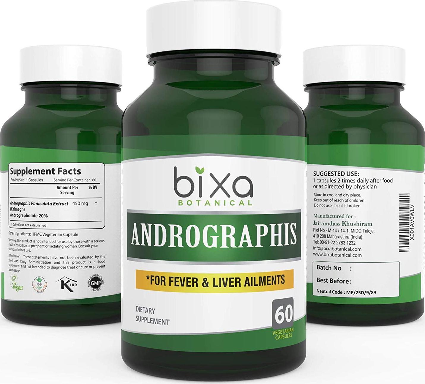 Andrographis Extract 20% Andrographolide 60 Veg Capsules (450mg) | Natural Liver Tonic (Kalmegh Extract) | Herbal Supplement for Healthy Immunity | Bixa Botanical