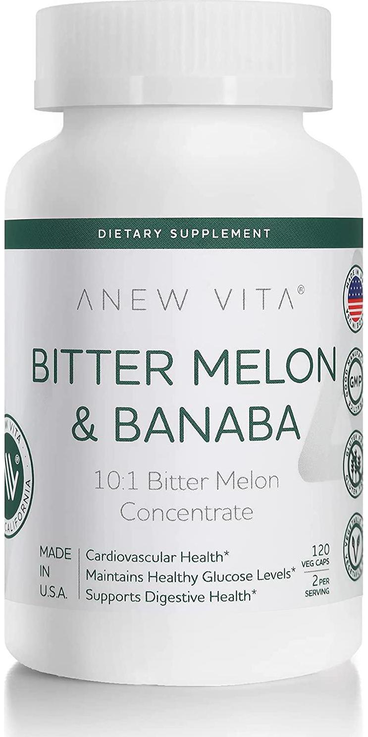 Anew Vita Bitter Melon and Banaba Leaf Extract Supplement. 500mg Bitter Melon 10:1 Concentrate. Supports Cardiovascular Health, Healthy Glucose Levels, Digestive Health. 120 Vegetable Capsules