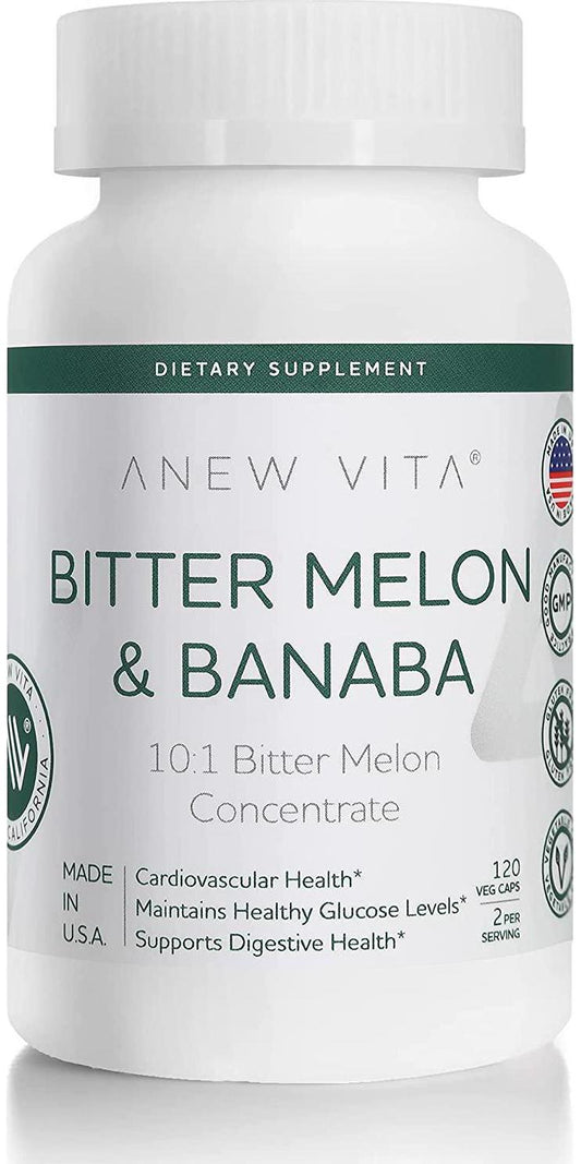 Anew Vita Bitter Melon and Banaba Leaf Extract Supplement. 500mg Bitter Melon 10:1 Concentrate. Supports Cardiovascular Health, Healthy Glucose Levels, Digestive Health. 120 Vegetable Capsules