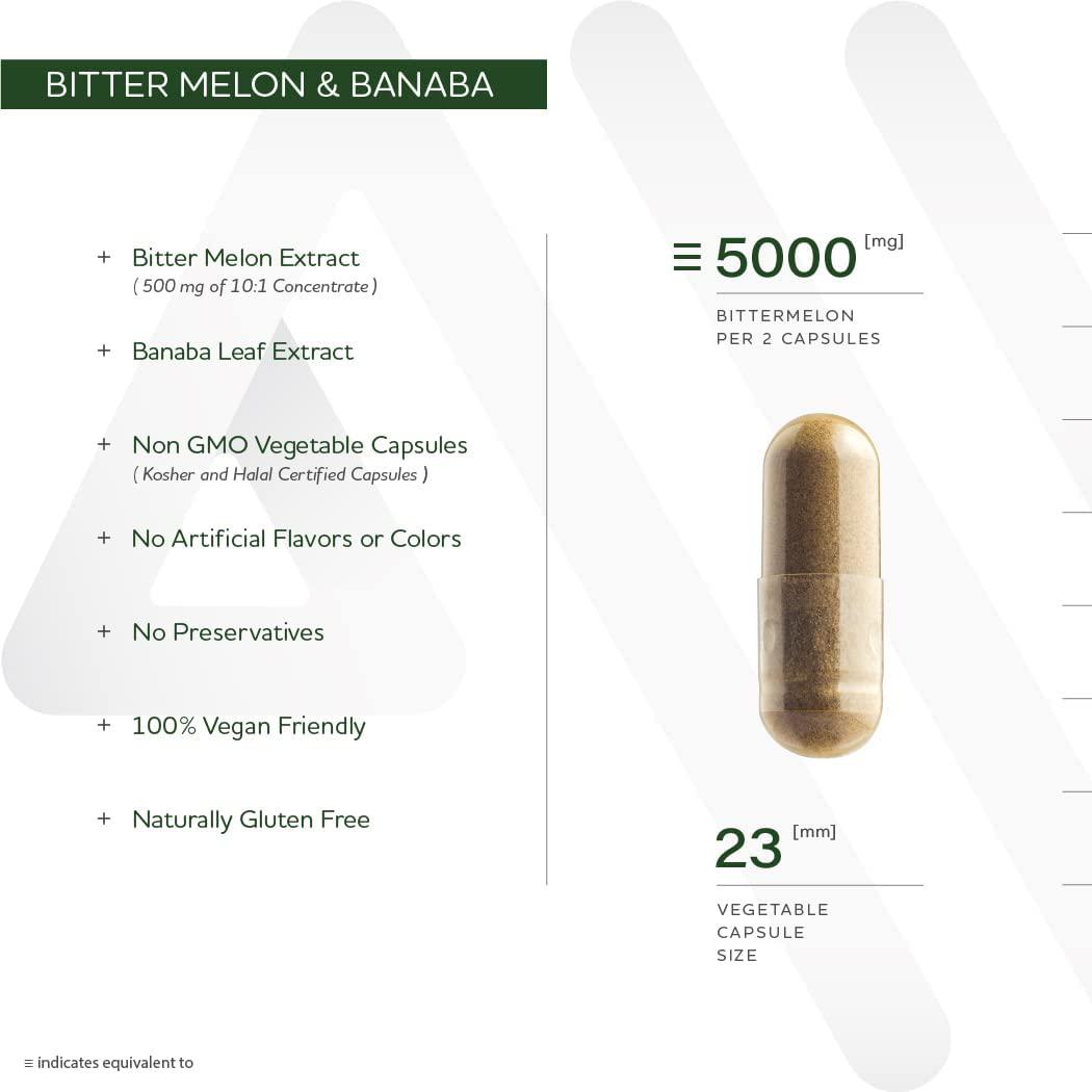 Anew Vita Bitter Melon and Banaba Leaf Extract Supplement. 500mg Bitter Melon 10:1 Concentrate. Supports Cardiovascular Health, Healthy Glucose Levels, Digestive Health. 120 Vegetable Capsules