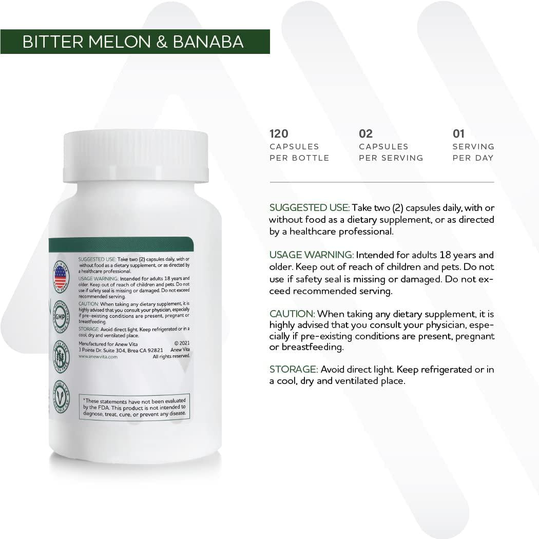 Anew Vita Bitter Melon and Banaba Leaf Extract Supplement. 500mg Bitter Melon 10:1 Concentrate. Supports Cardiovascular Health, Healthy Glucose Levels, Digestive Health. 120 Vegetable Capsules