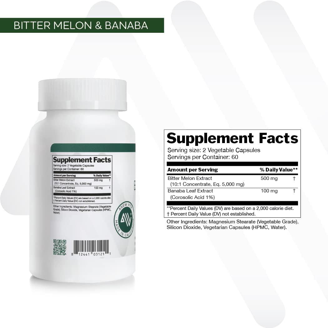 Anew Vita Bitter Melon and Banaba Leaf Extract Supplement. 500mg Bitter Melon 10:1 Concentrate. Supports Cardiovascular Health, Healthy Glucose Levels, Digestive Health. 120 Vegetable Capsules