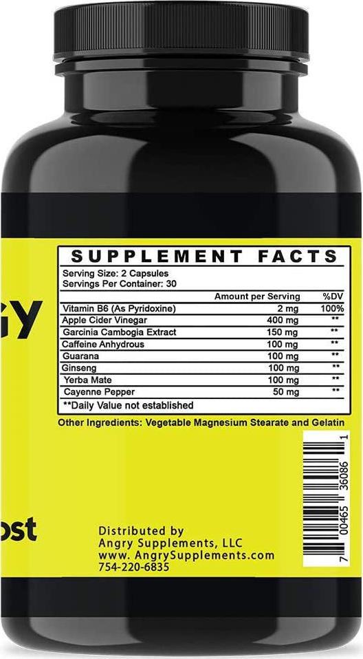 Angry Energy Caffeine Capsules by Angry Supplements, All Natural Non-GMO Energy Booster, Increase Stamina and Focus, Mind and Body Health (1-Bottle)