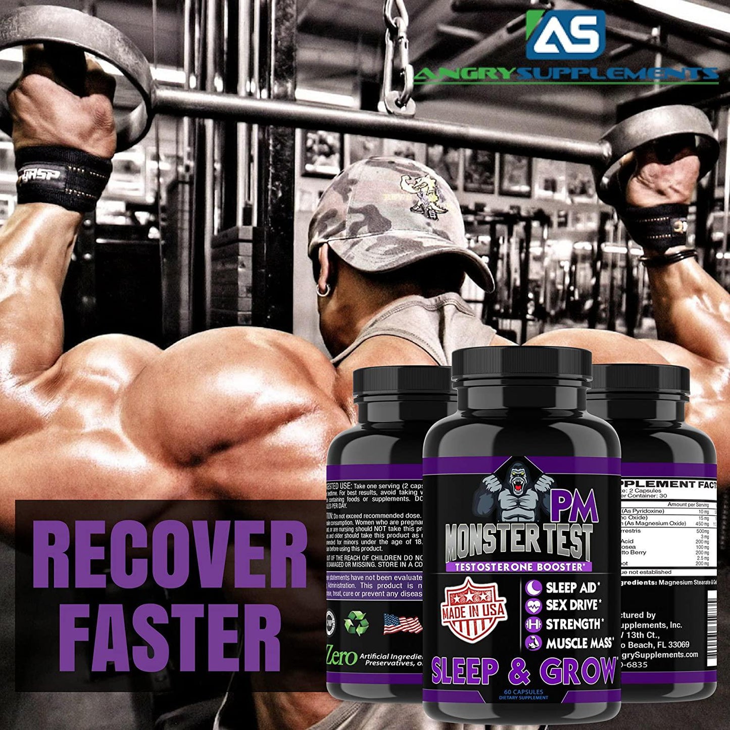 Angry Supplements Monster Test PM Testosterone Booster Plus Sleep Aid-Jack T-Levels All Natural, Made in USA, Powerful and Potent Ingredient, Boost Energy and Performance in Gym and Bedroom (1-Bottle)