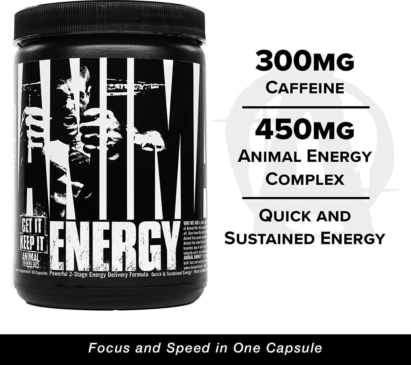 Animal Energy - Powerful 2 Stage Energy Delivery System - 300mg Caffeine per Capsule - Quick and Sustained Energy - Mood and Mental Focus Support - 60 Capsules, Black and White (3287)