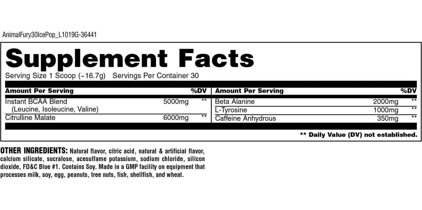 Animal Fury - Pre Workout Powder Supplement for Energy and Focus - 5g BCAA, 350mg Caffeine, Nitric Oxide, Without Creatine - Powerful Stimulant for Bodybuilders - Ice Pop - 30 Servings